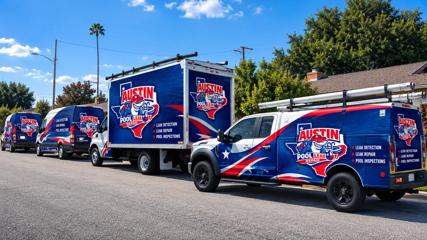Austin Pool Leak Repair wrapped service trucks lined up in an Austin neighborhood