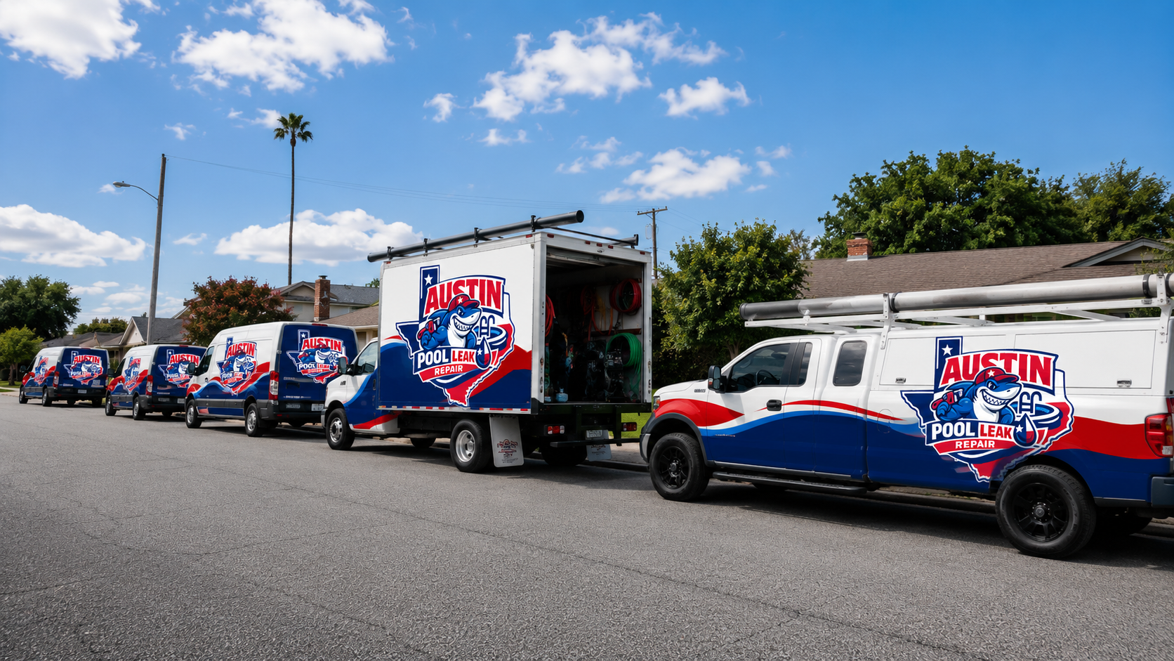 Austin Pool Leak Repair service trucks ready for pool leak calls