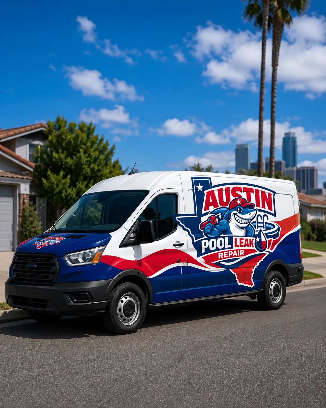 Austin Pool Leak Repair wrapped service van in an Austin neighborhood